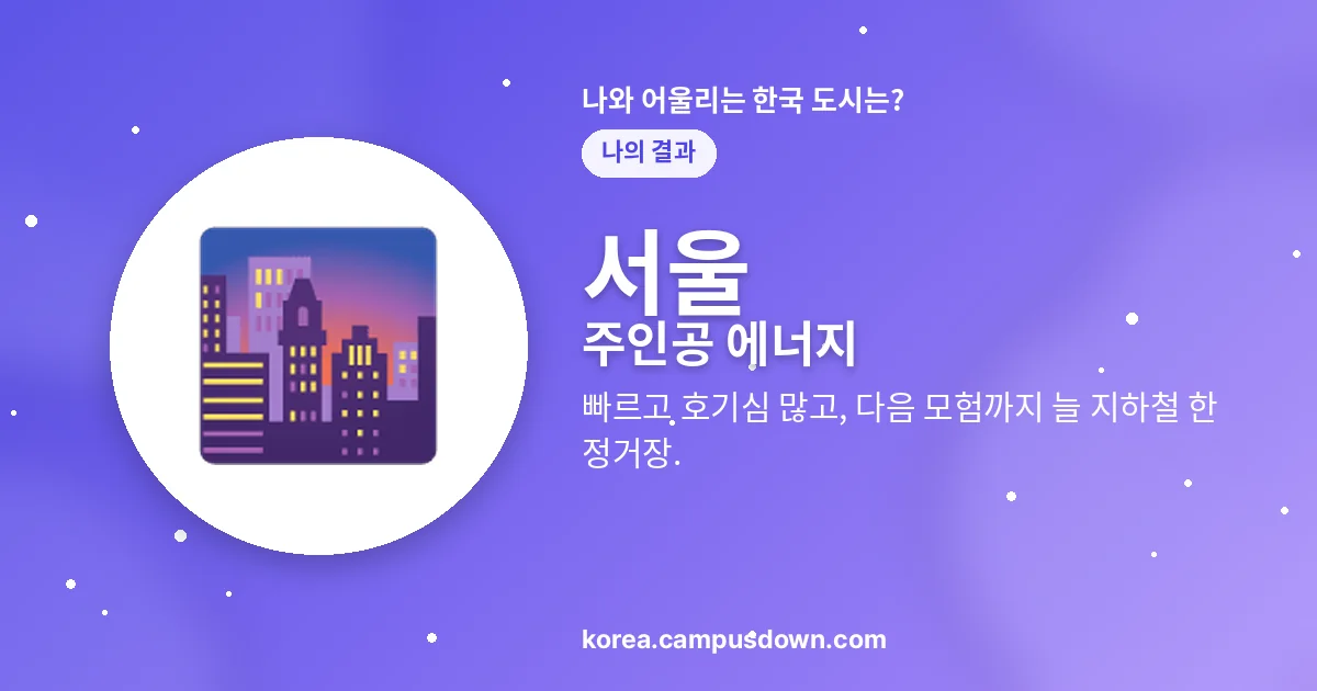 서울 — 주인공 에너지 — 빠르고 호기심 많고, 다음 모험까지 늘 지하철 한 정거장.